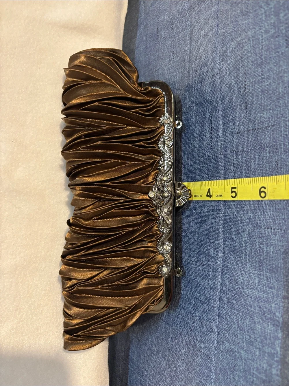 Evening Satin Ruched Clutch Bag - Brown